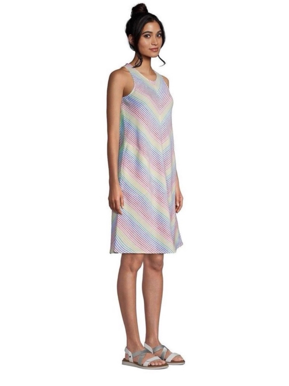 Lands' End Rainbow Stripe Chevron Coastal Grandma Line Swing A-Line Dress